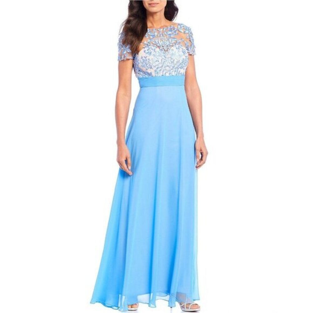JS Collections Sky Blue Embroidered Floral Illusion Mesh Chiffon Gown SZ 6 New